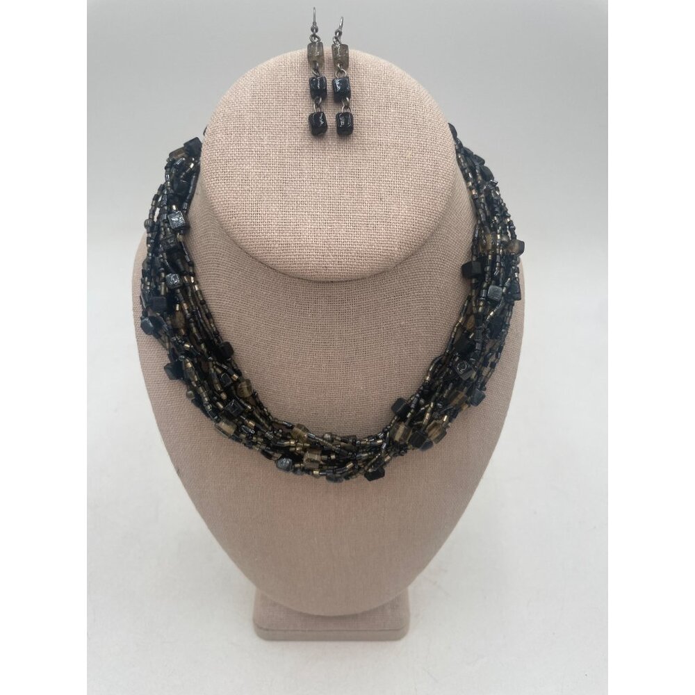 Beaded Necklace & Earrings Set With Black & Gold Smokey Blue Beads